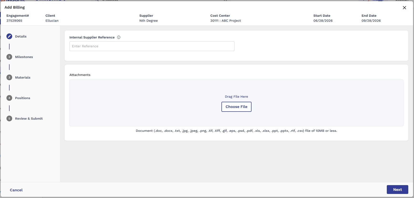 Add Billing popup, Details step