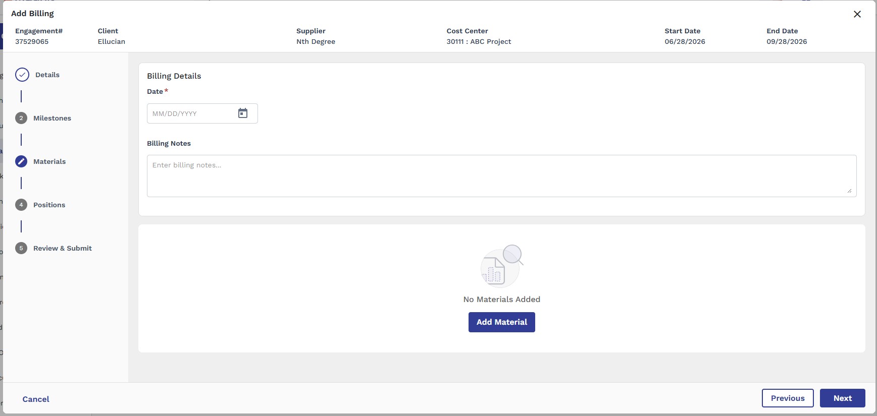 Add Billing popup, Materials step