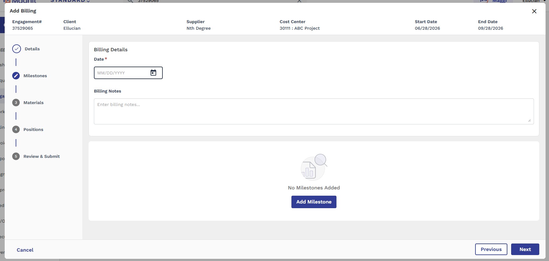 Add Billing popup, Milestones step