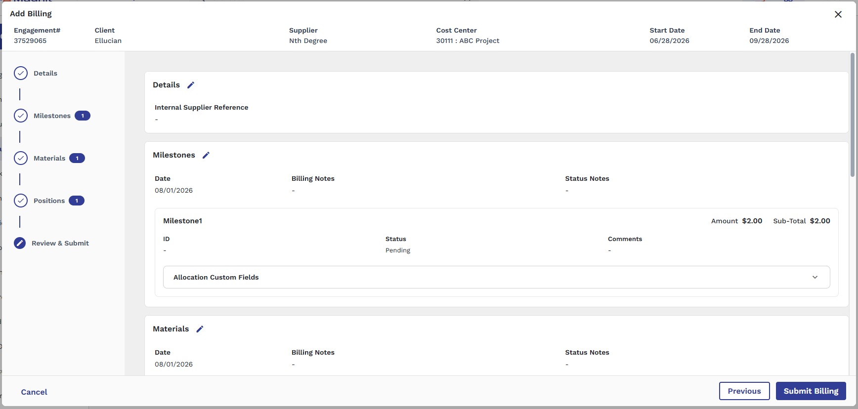 Add Billing popup, Review and Submit step