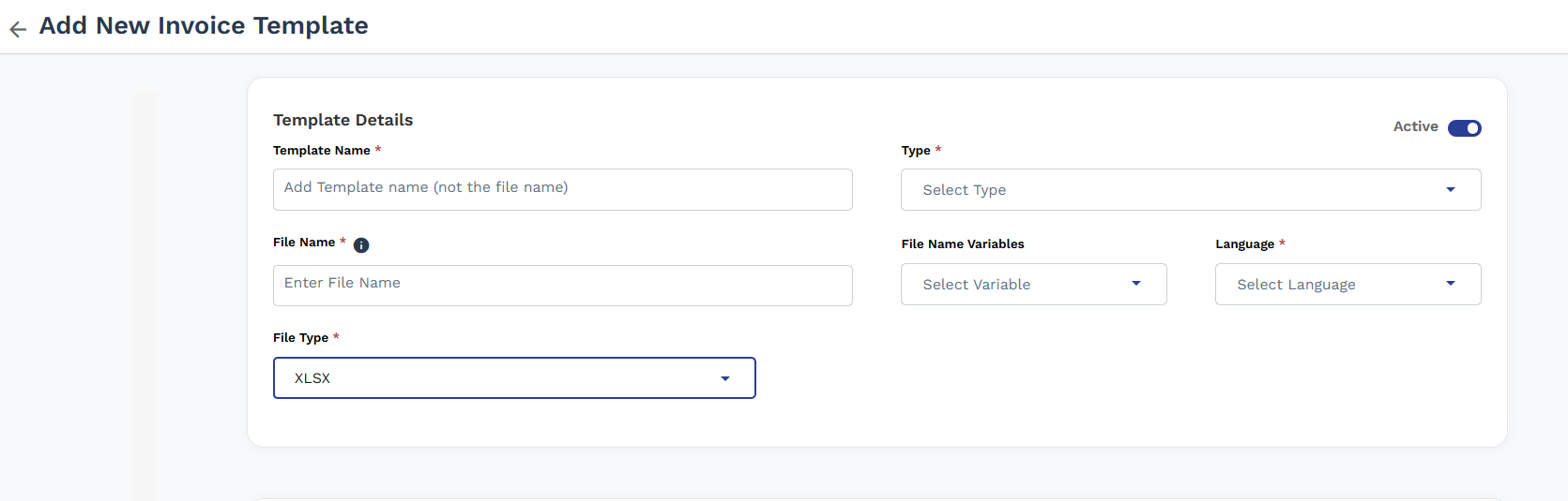 Add New Invoice Template form showing Template Details, Logo, Header, Columns, and Footer sections