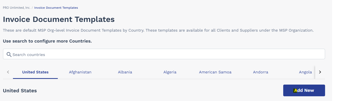 Invoice Document Templates page showing country tabs and Add New button