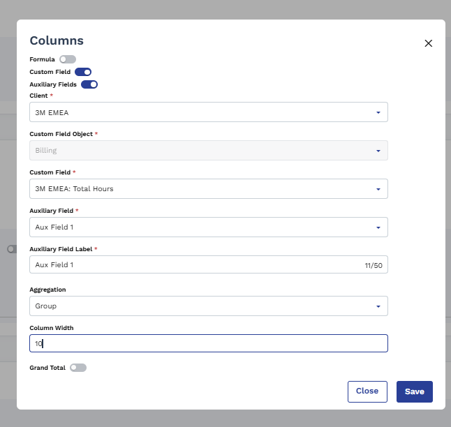 Columns section showing Category dropdown set to Billing Item Table, Column Settings with Show Column Headers toggle, and Blank Column and Column buttons