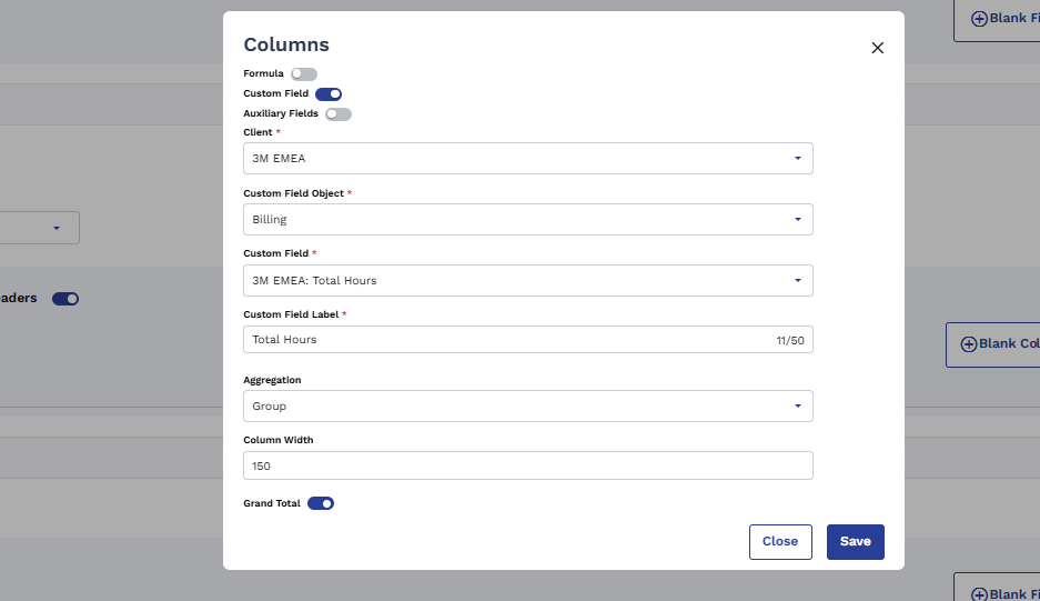 Columns section showing Category dropdown set to Billing Item Table, Column Settings with Show Column Headers toggle, and Blank Column and Column buttons