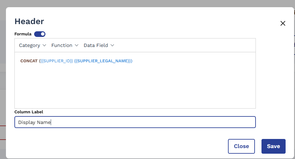 Header field expanded showing Data Value set to Formula with a formula input box