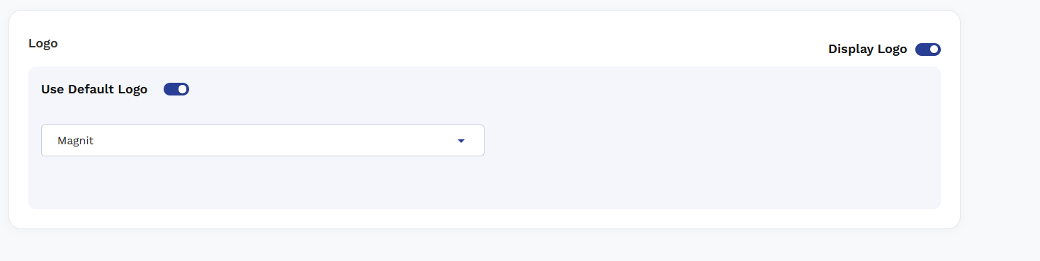 Logo section showing Use Default Logo toggle enabled with Magnit dropdown and Display Logo toggle