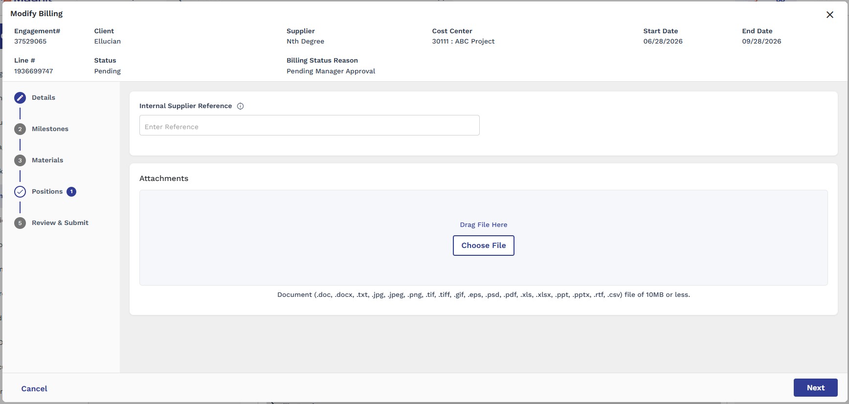 Modify Billing popup, Details step