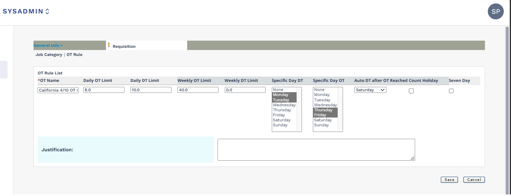 OT Rule edit form showing the Specific Day OT and Specific Day DT multi-select fields