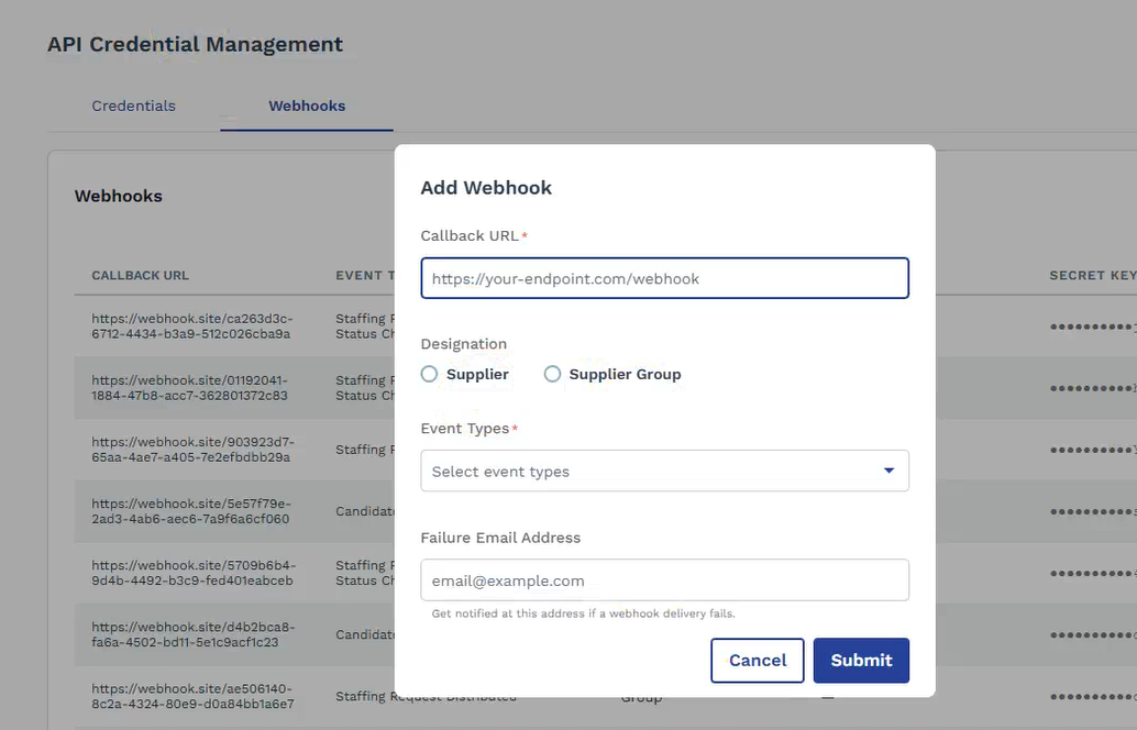 Add Webhook registration form