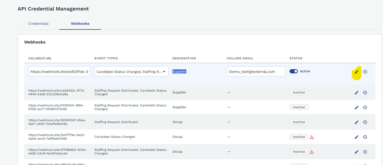 Edit Webhook registration page