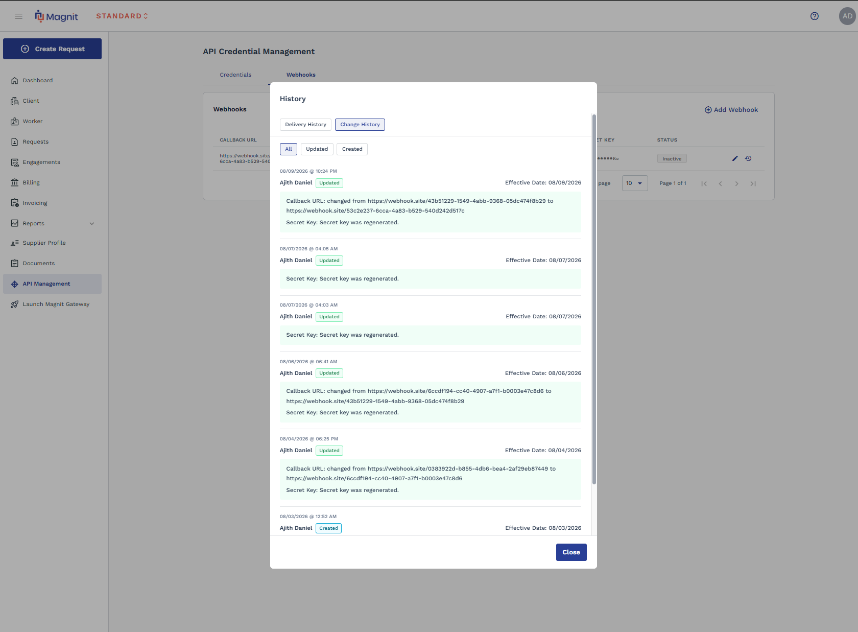 Webhook Change History dialog