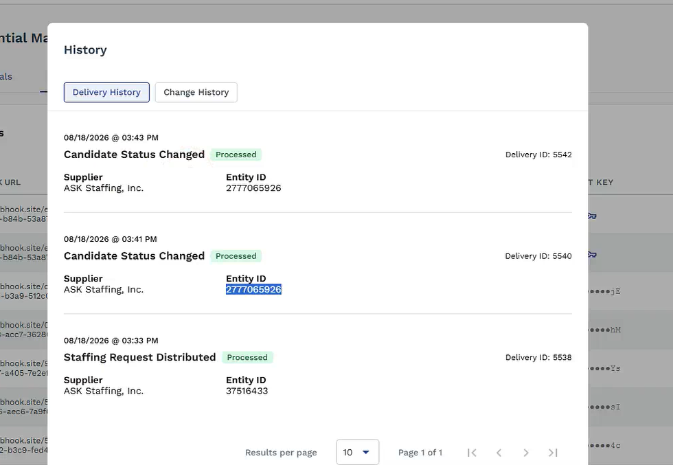 Webhook Delivery History dialog